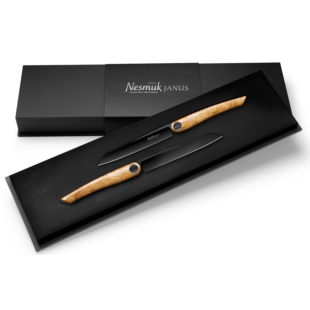 Nesmuk Janus steak knives olive wood case